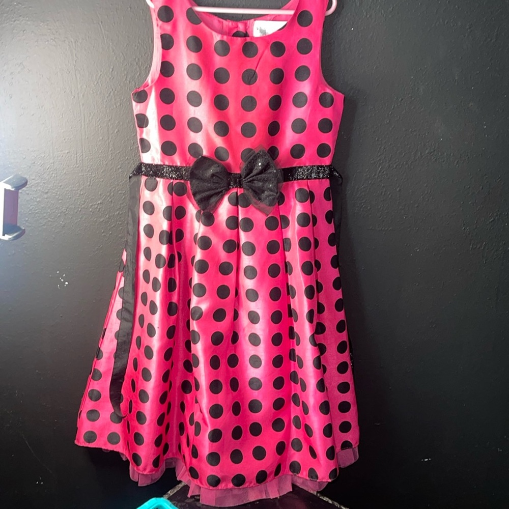Fushcia & Black Polka Dot Tulle Lined  Front Bow Self Tie Belt Dress